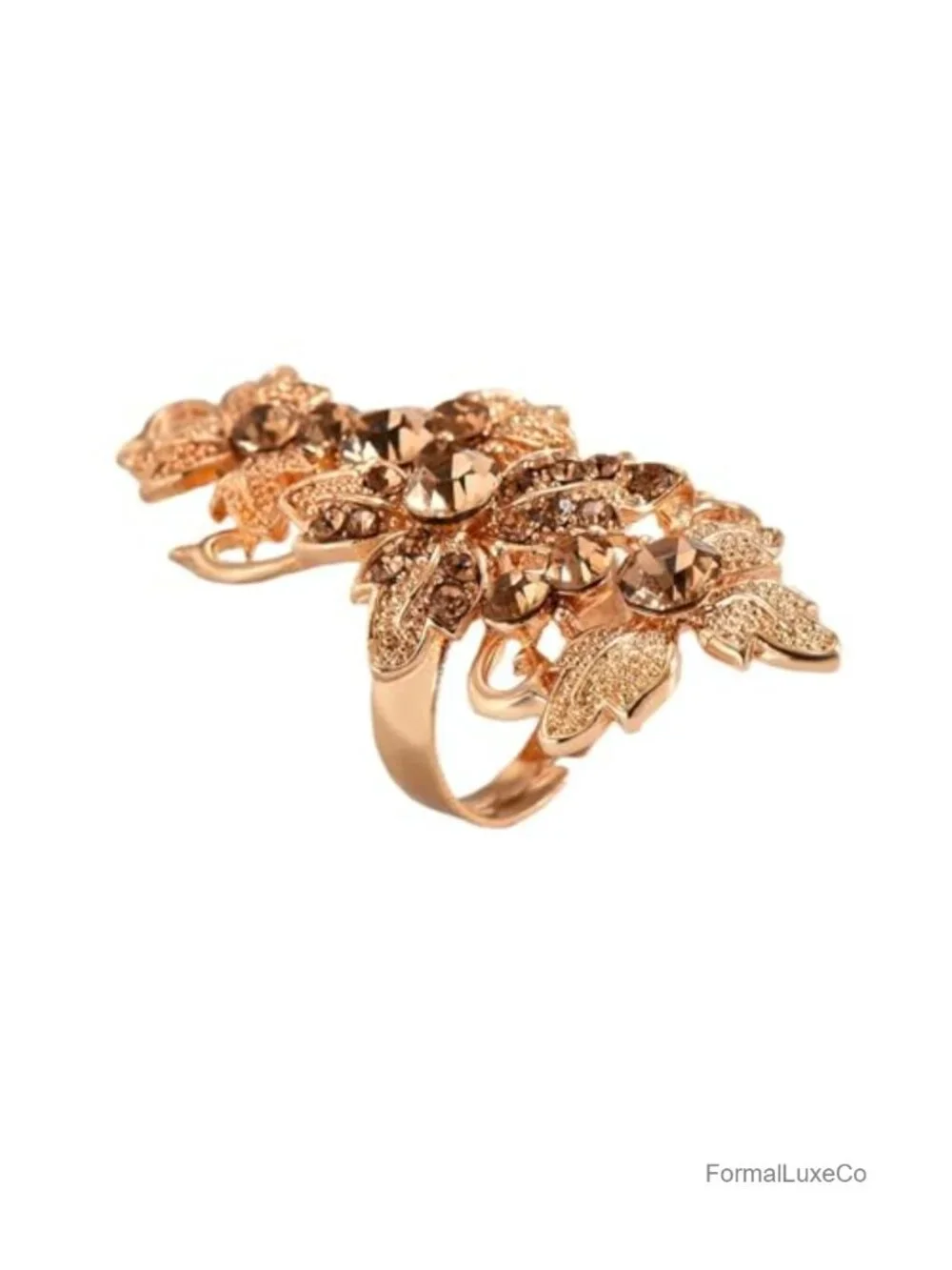 Vintage Crystal Flower Statement Ring Adjustable Oval Rhinestone Bridal Jewelry